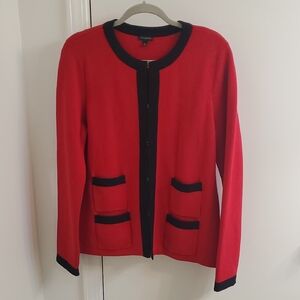 Talbots Cardigan Jacket Sweater Blazer, Collarless, Red Black, Size L